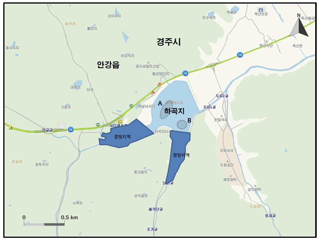 하곡지(딱실못)에서 개체수가 많이 관찰된 지역( ).