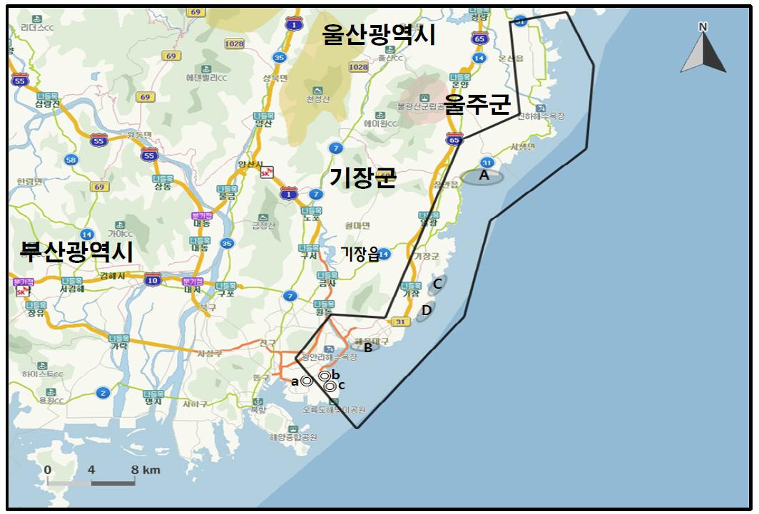 부산-울산 해안에서 개체수가 많이 관찰된 지역( ).