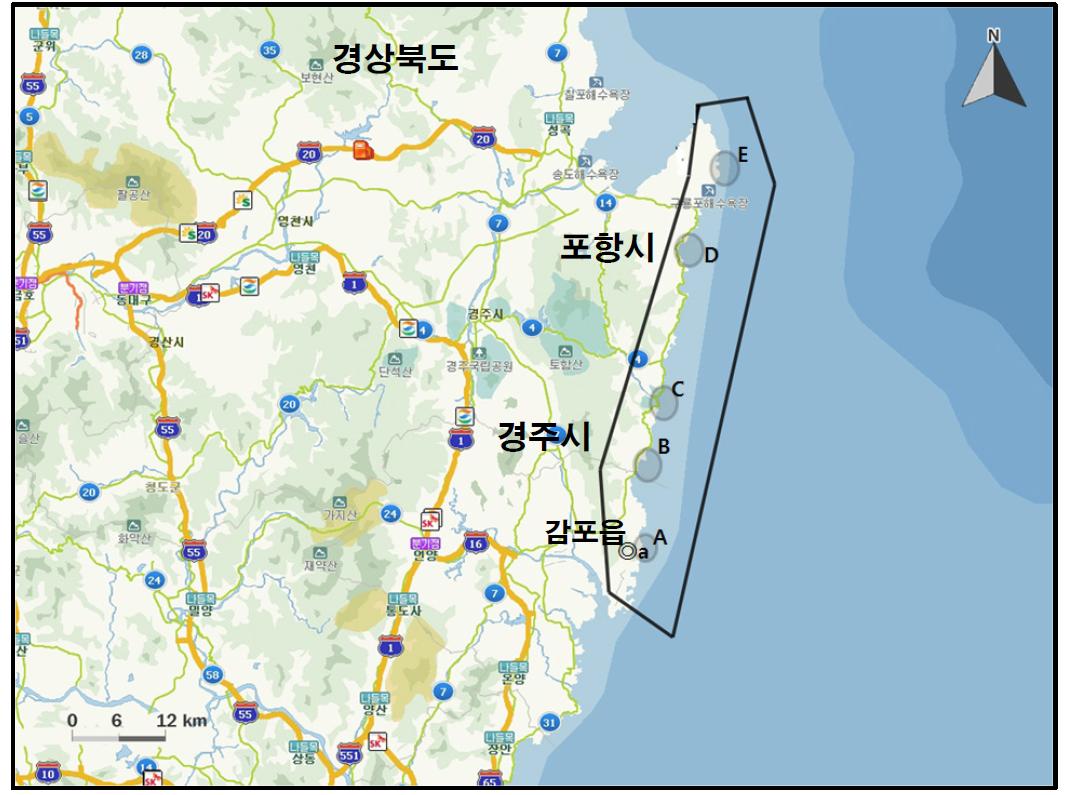 울산-구룡포 해안에서 개체수가 많이 관찰된 지역( )과 멸종위기 야생동․식물 Ⅱ급(◎) 조류가 관찰된 지역.