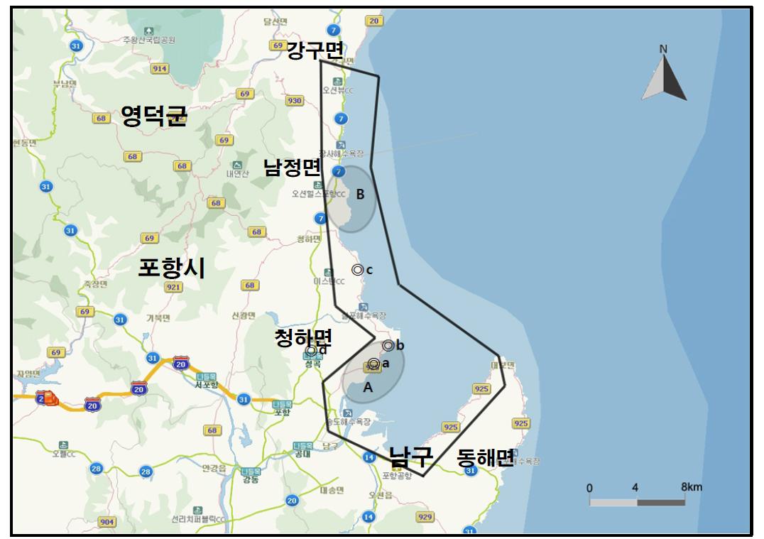 포항-영덕 해안 지역에서 개체수가 많이 관찰된 지역( )과 멸종위기 야생동․식물Ⅱ급(◎) 조류가 관찰된 지역