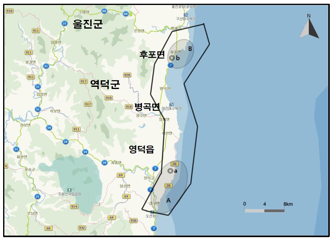 영덕-평해 해안 지역에서 개체수가 많이 관찰된 지역( )과 멸종위기 야생동․식물 Ⅱ급(◎) 조류가 관찰된 지역