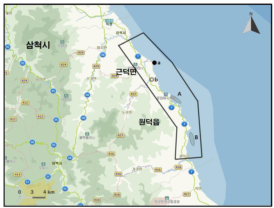 원덕-삼척해안 지역에서 개체수가 많이 관찰된 지역( )과 멸종위기 야생동식물 Ⅰ급(●), Ⅱ급(◎) 조류가 관찰된 지역.