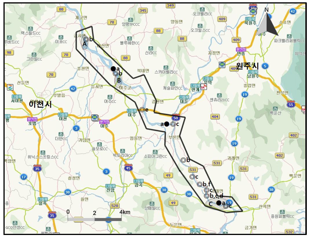 남한강(여주-충주)에서 개체수가 많이 관찰된 지역( )과 멸종위기 야생동식물 Ⅰ급 (●), Ⅱ급(◎) 조류가 관찰된 지역.