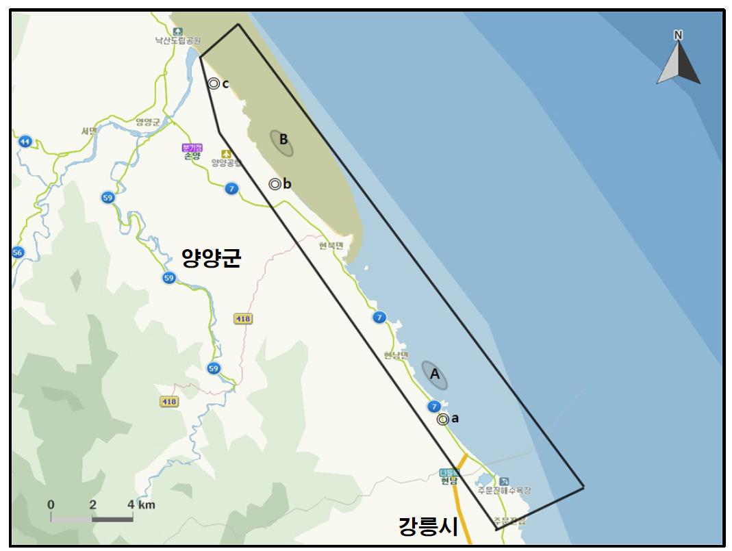 주문진-양양 해안에서 개체수가 많이 관찰된 지역( )과 멸종위기 야생동식물 Ⅰ급(●), Ⅱ급(◎) 조류가 관찰된 지역.