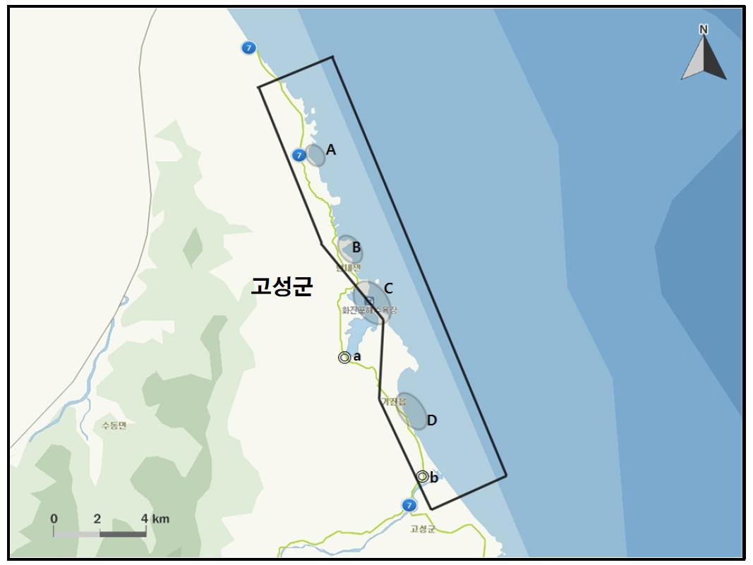 간성-대진해안에서 개체수가 많이 관찰된 지역( )과 멸종위기 야생동식물Ⅱ급(◎) 조류가 관찰된 지역.