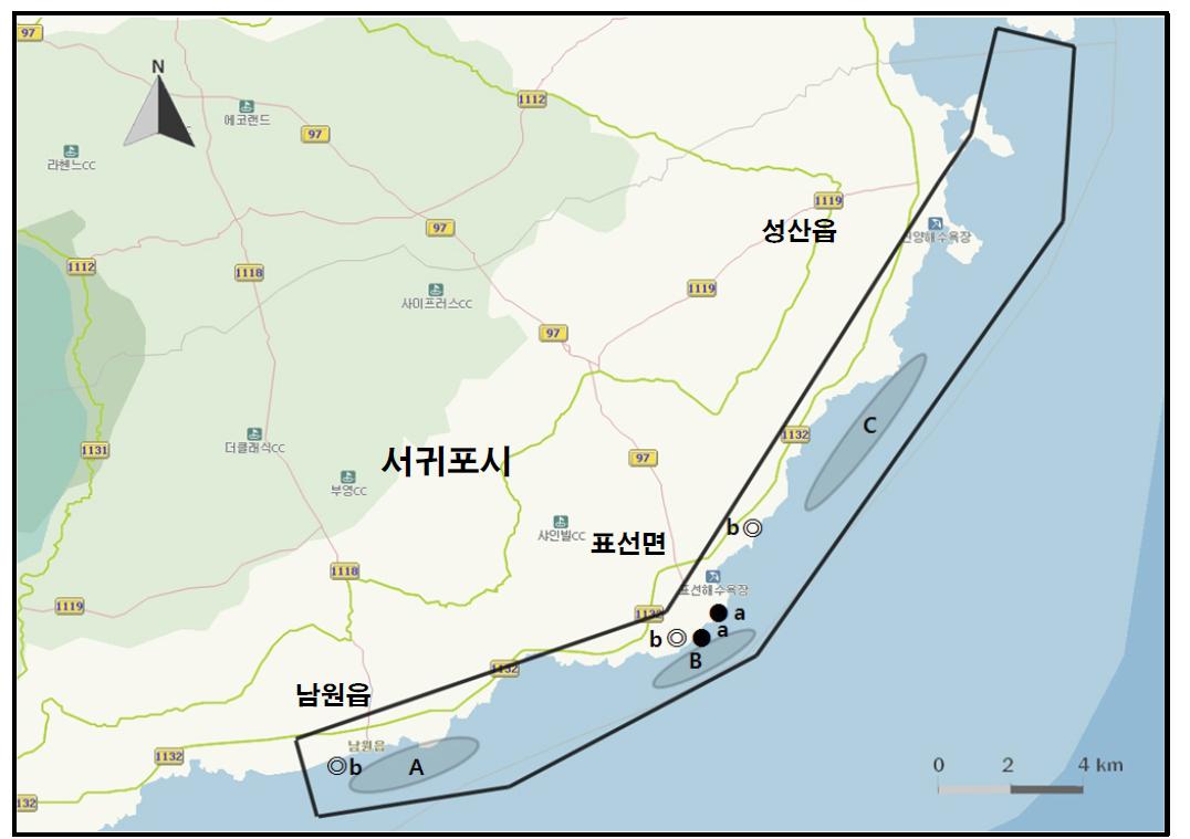 성산-남원 해안에서 개체수가 많이 관찰된 지역( )과 멸종위기 야생동식물 Ⅰ급(●), Ⅱ급(◎) 조류가 관찰된 지역.