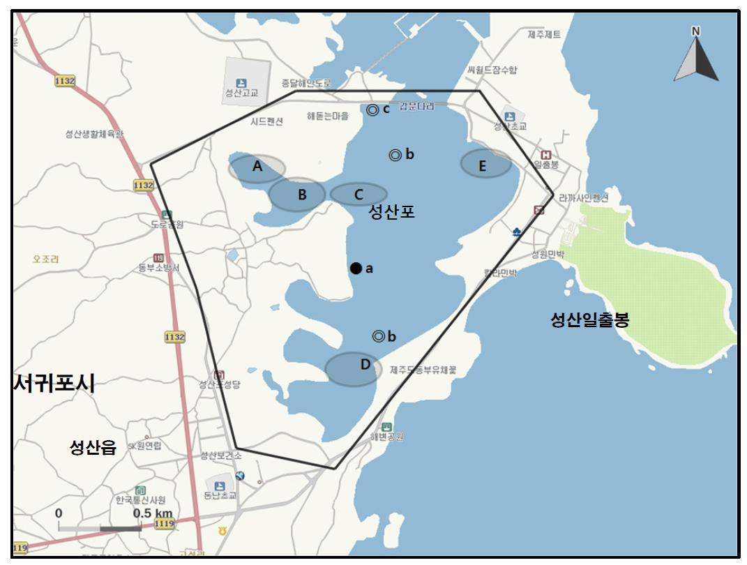 성산에서 개체수가 많이 관찰된 지역( )과 멸종위기 야생동식물 Ⅰ급(●), Ⅱ급(◎) 조류가 관찰된 지역.