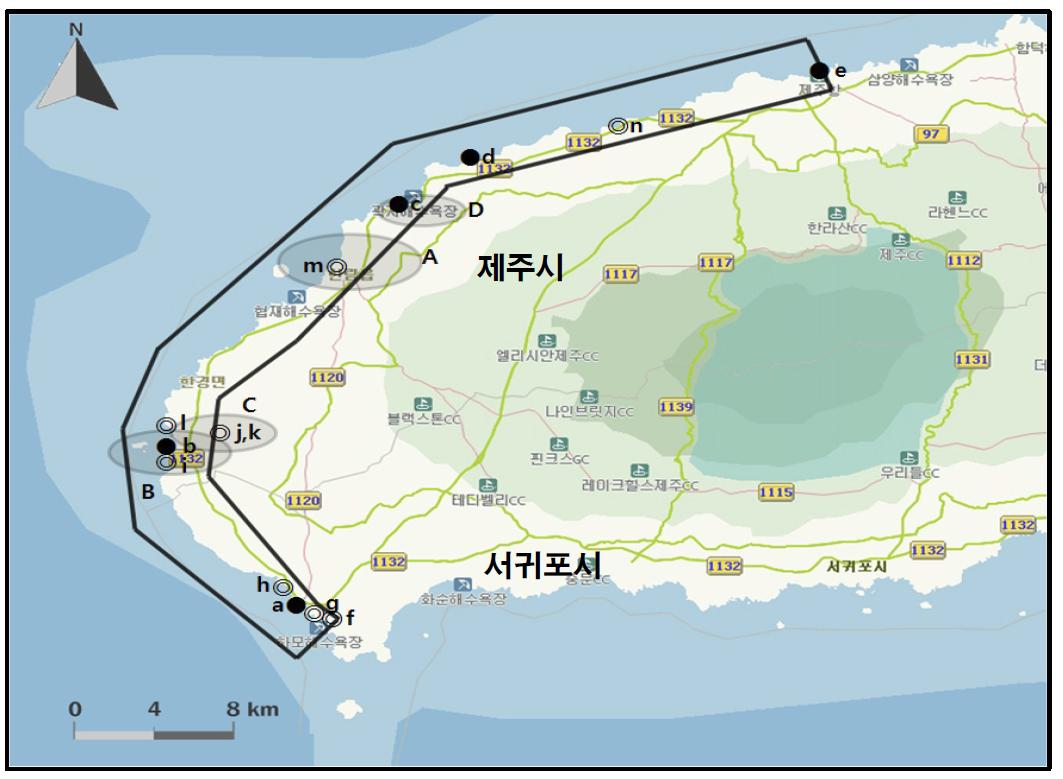 용담-대정해안에서 개체수가 많이 관찰된 지역( )과 멸종위기 야생동식물 Ⅰ급(●), Ⅱ급(◎) 조류가 관찰된 지역.