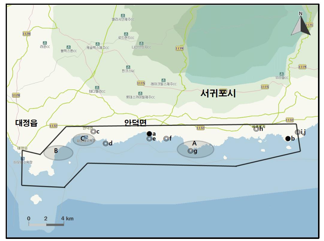 서귀-안덕해안에서 개체수가 많이 관찰된 지역( )과 멸종위기 야생동식물 Ⅰ급(●), Ⅱ급(◎) 조류가 관찰된 지역