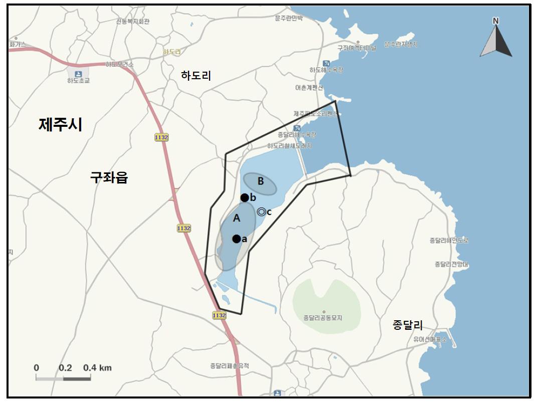 하도에서 개체수가 많이 관찰된 지역( )과 멸종위기 야생동식물 Ⅰ급(●), Ⅱ급(◎) 조류가 관찰된 지역