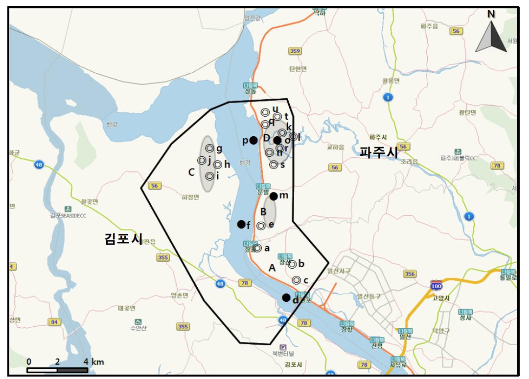 한강하구(오두산전망대-일산대교)에서 개체수가 많이 관찰된 지역( )과 멸종위기 야생동식물 Ⅰ급(●), Ⅱ급(◎) 조류가 관찰된 지역.