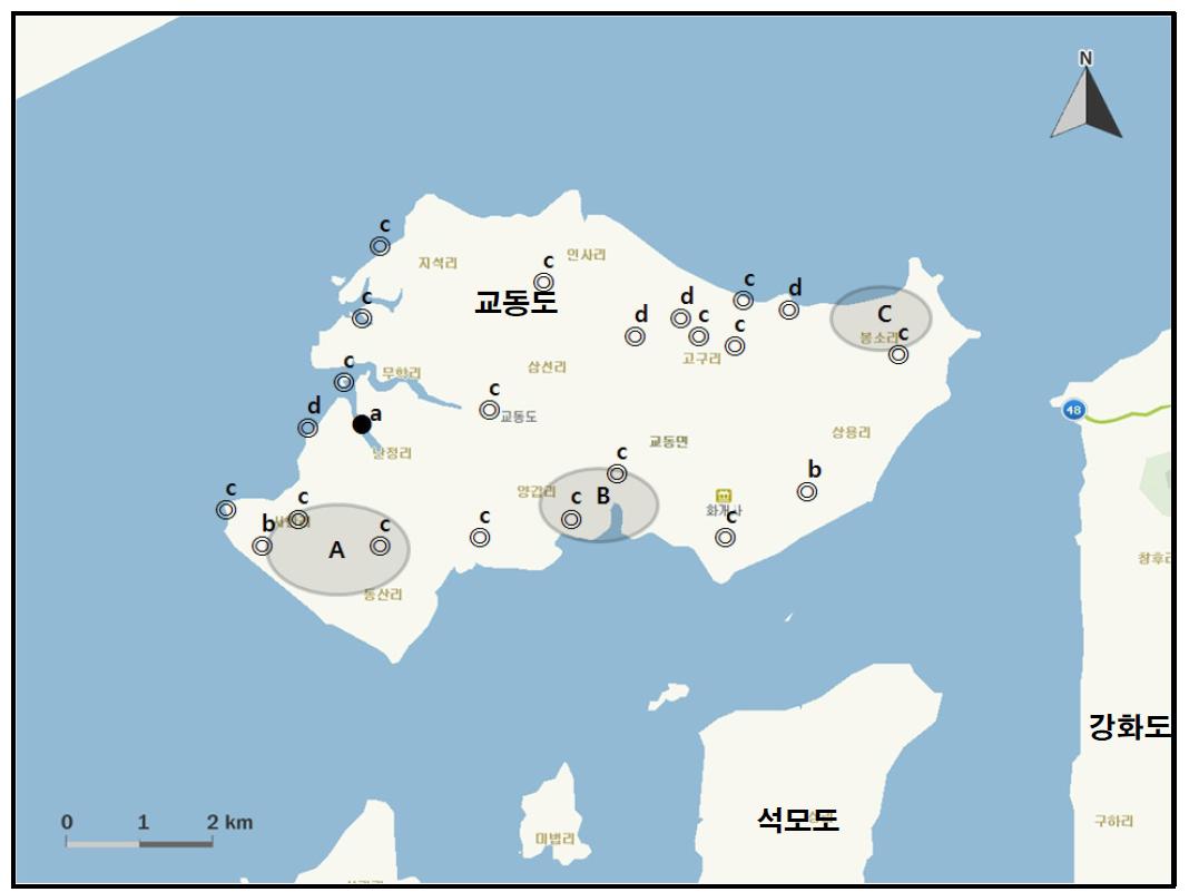 교동도에서 개체수가 많이 관찰된 지역( )과 멸종위기 야생동식물 Ⅰ급(●), Ⅱ급(◎) 조류가 관찰된 지역