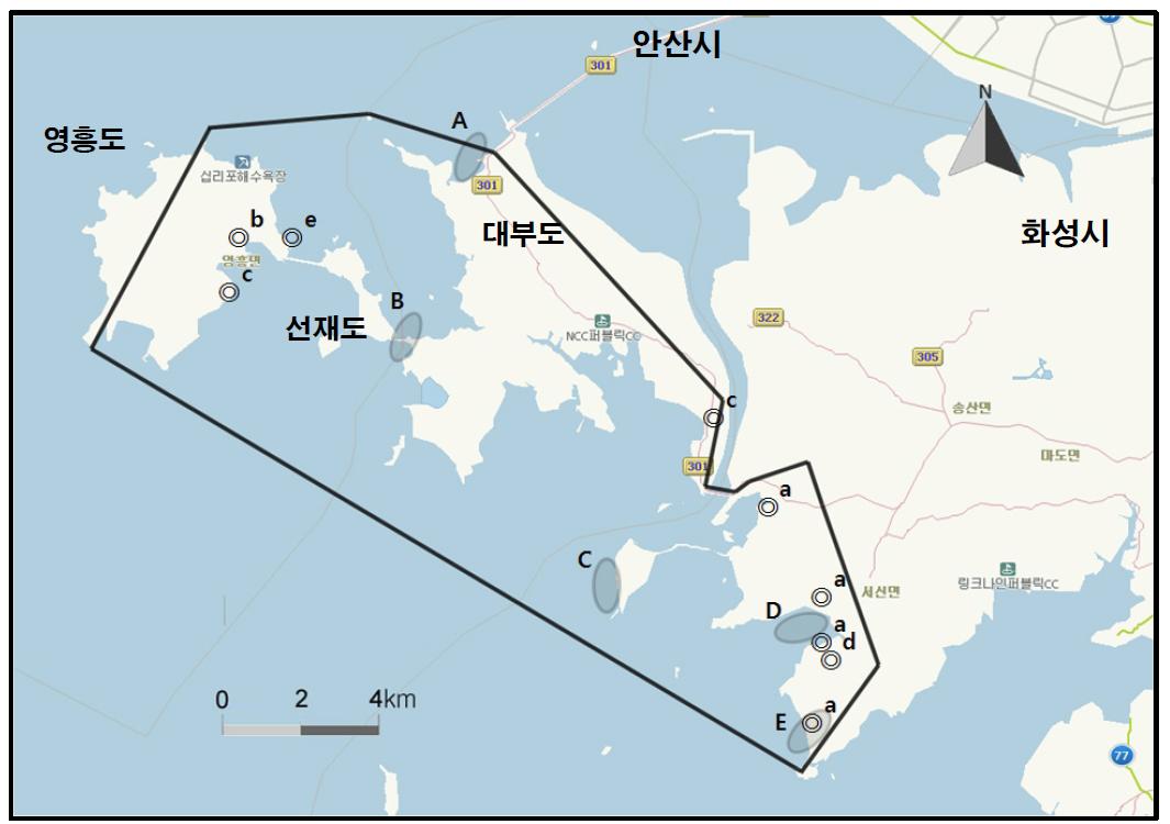 대부도(선제도, 영흥도 포함)에서 개체수가 많이 관찰된 지역( )과 멸종위기 야생동식물 Ⅰ급(●), Ⅱ급(◎) 조류가 관찰된 지역