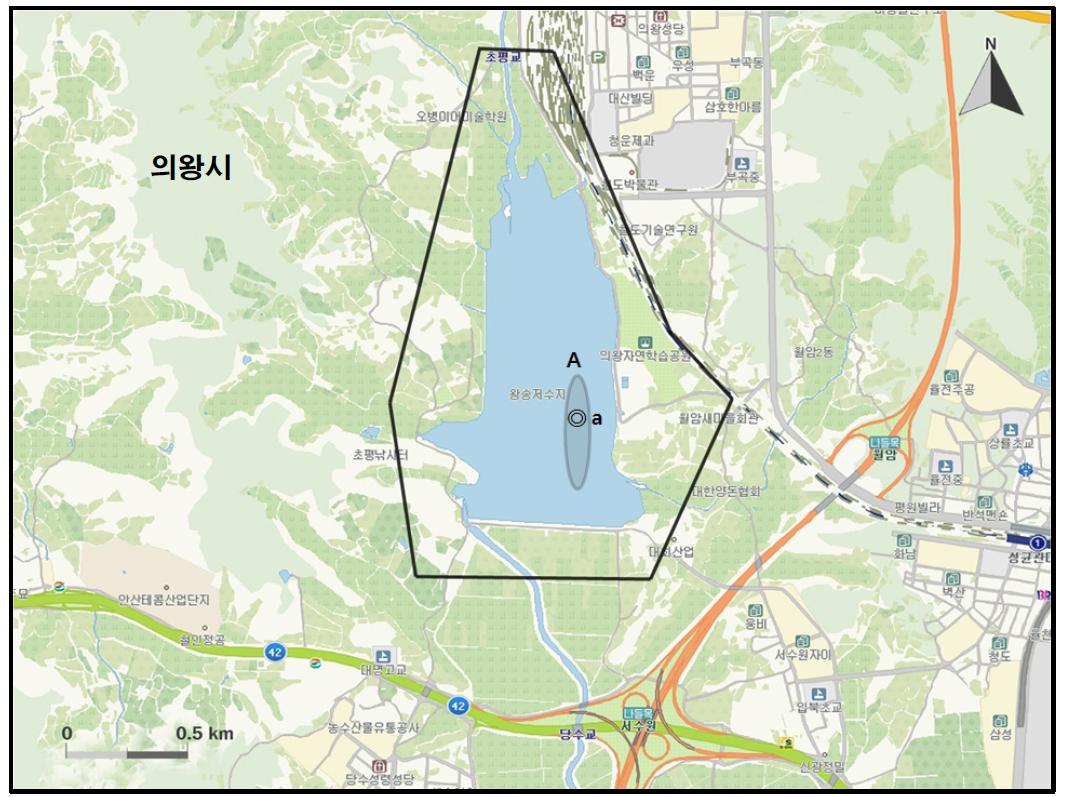 왕송저수지에서 개체수가 많이 관찰된 지역( )과 멸종위기 야생동식물 Ⅱ급(◎) 조류가 관찰된 지역