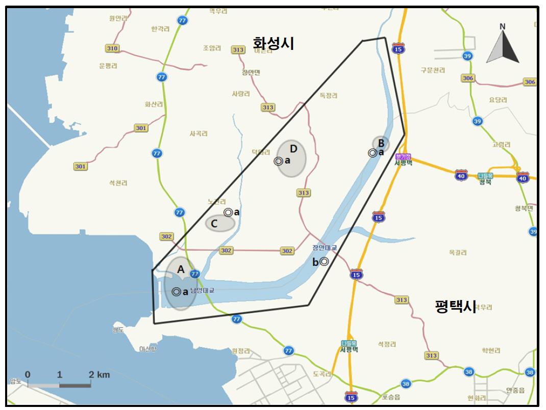 남양호에서 개체수가 많이 관찰된 지역( )과 멸종위기 야생동식물 Ⅰ급(●), Ⅱ급(◎) 조류가 관찰된 지역