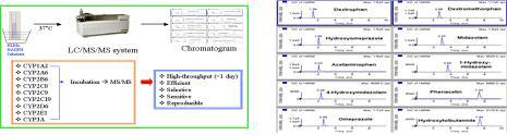 약물상호작용평가에 사용되는 고속 약물대사효소 활성 평가 시스템과 본 시스템을 이용하여 9가지 CYP 동효고 지표약물의 대사물을 LC/MS/MS를 이용하여 분석한