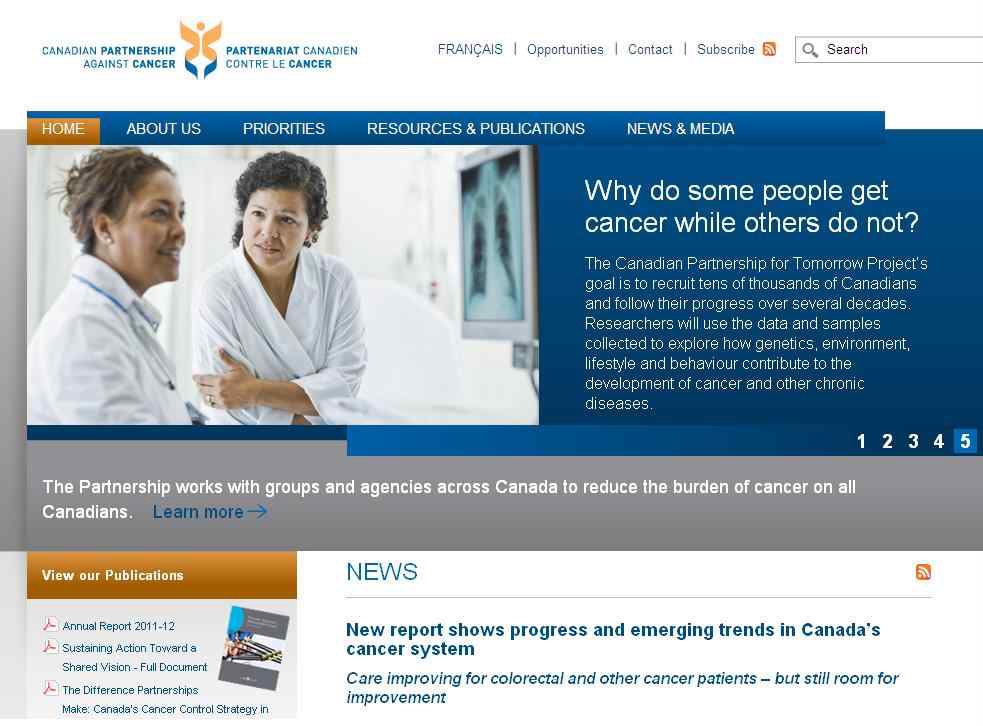 캐나다 암 대항 파트너쉽 (http://www.partnershipagainstcancer.ca/) 홈페이지