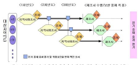 그림 2. 지역사회 조사 및 중재와 중재 효과 평가를 위한 재조사의 단계별 흐름도