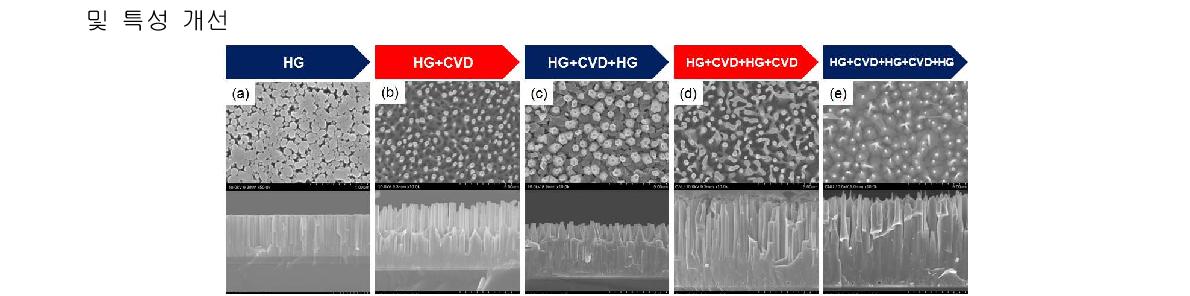 성장(된c) ZHnGO/ C나V노D/로HG드의 평면(위)과 단면(아래) SEM 사진. (a) HG/Seed 1, (b) CVD/HG/seed 1, (a/S-eee)d는 1 ,각 ( d단) 계CV에D서/H의G /C성V장D이/H G완/S료ee된d 1후, (얻e)은 H SGE/CMV D사/H진G임/C.VD/HG/seed 1.