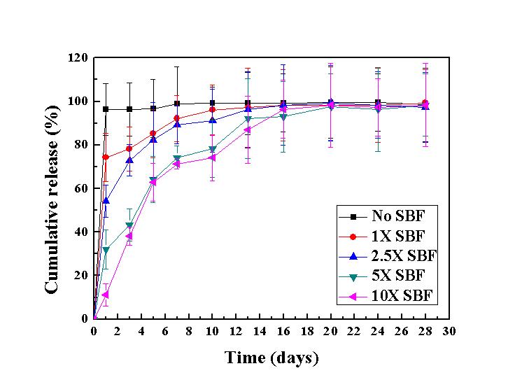 SBF 농도에 따른 콜라겐 스펀지에서의 BMP-2 방출속도 (No SBF : Infuse®)