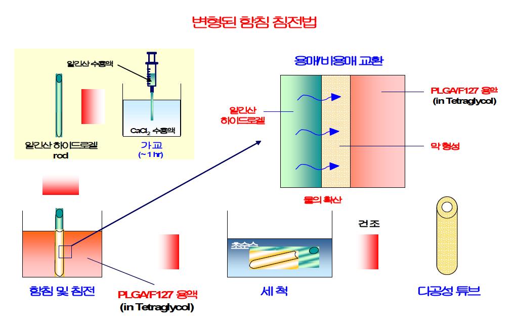 본 연구팀이 고안한 변형된 함침 침전법에 의한 미세다공성․친수성을 가지는 PLGA 신경유도관의 제조 모식도.