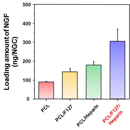 신경유도관에 도입된 헤파린 유․무 및 헤파린 단순 흡착에 따른 성장인자의 탑재량.