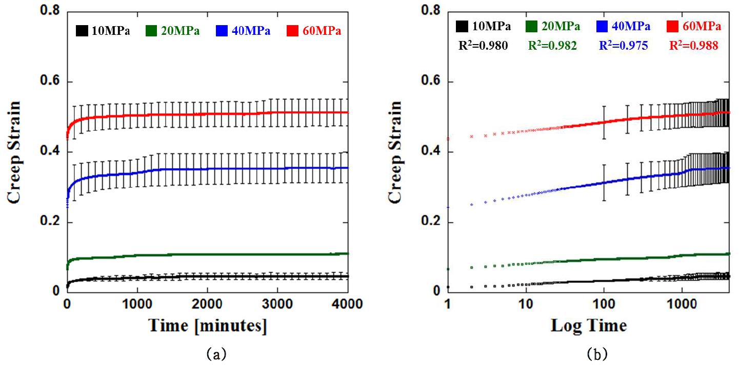 SXL UHMWPE의 동적 압축 접촉압력 (각각 최대 10, 20, 40, 60MPa 및 최소 1, 2, 4, 6MPa)에서 (A) 시간에 따른 creep strain 및 (B) 로그 시간에 따른 creep strain 결과