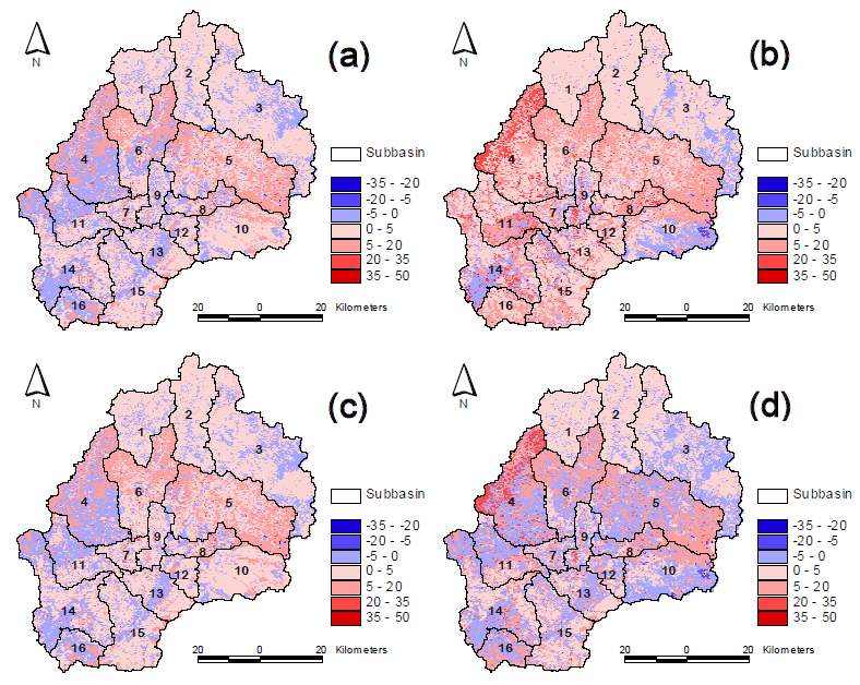 Change in annual evapotranspiration of vegetation canopy in the period 2040s (a: A1B emission scenario, b: B1 emission scenario) and 2080s (c: A1B emission scenario, d: B1 emission scenario) compared with 1990-2009 (units: mm/year)