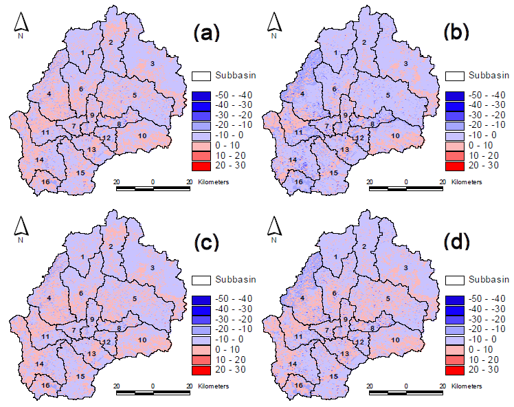 Change in annual groundwater flow of vegetation canopy in the period 2040s (a: A1B emission scenario, b: B1 emission scenario) and 2080s (c: A1B emission scenario, d: B1 emission scenario) compared with 1990-2009 (units: mm/year)