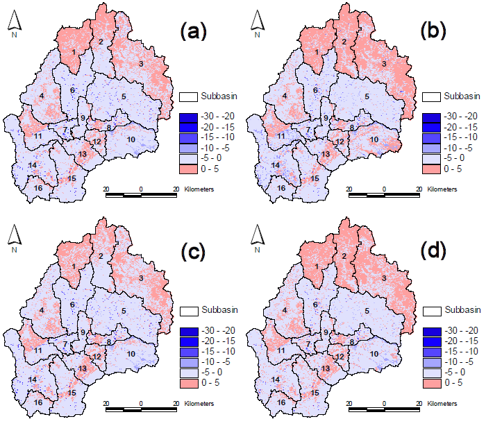 Change in annual soil moisture of vegetation canopy in the period 2040s (a: A1B emission scenario, b: B1 emission scenario) and 2080s (c: A1B emission scenario, d: B1 emission scenario) compared with 1990-2009 (units: mm/year)