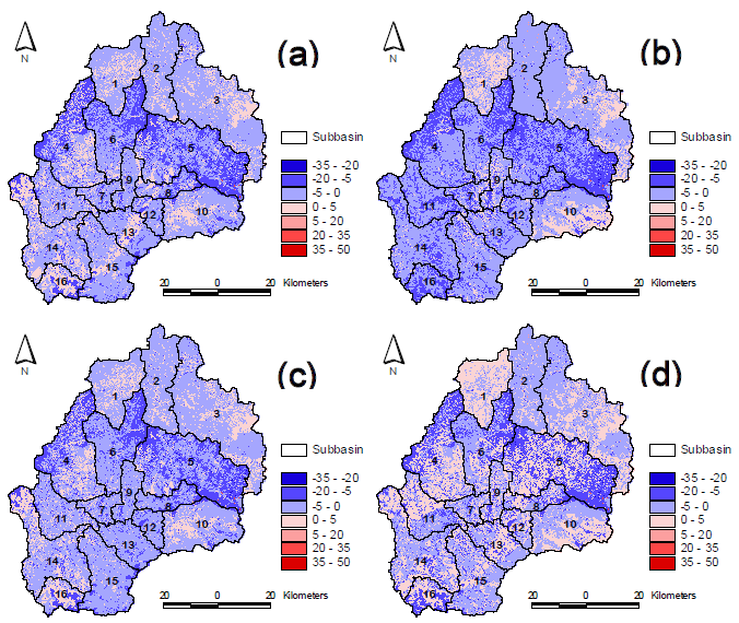 Change in annual water yield of vegetation canopy in the period 2040s (a: A1B emission scenario, b: B1 emission scenario) and 2080s (c: A1B emission scenario, d: B1 emission scenario) compared with 1990-2009 (units: mm/year)