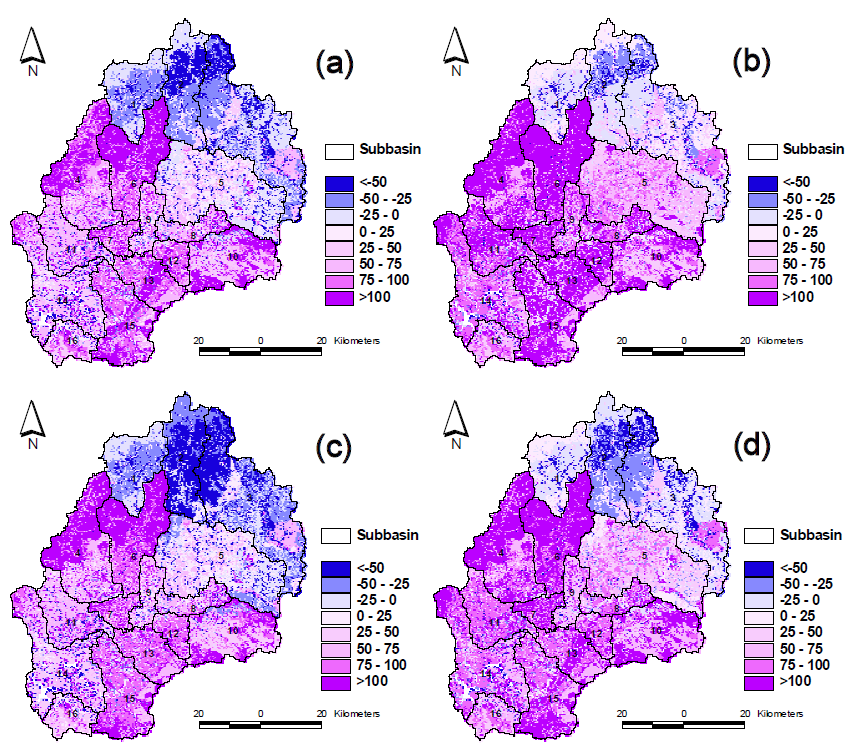 Change in annual evapotranspiration in the period 2040s (a: A1B emission scenario; b: B1 emission scenario, landuse in 2040) and 2080s (c: A1B emission scenario; d: B1 emission scenario, landuse in 2080) compared with baseline (units: mm/year)