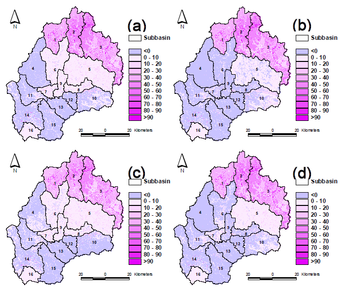 Change in annual soil moisture in the period 2040s (a: A1B emission scenario; b: B1 emission scenario, landuse in 2040) and 2080s (c: A1B emission scenario; d: B1 emission scenario, landuse in 2080) compared with baseline (units: mm/year)