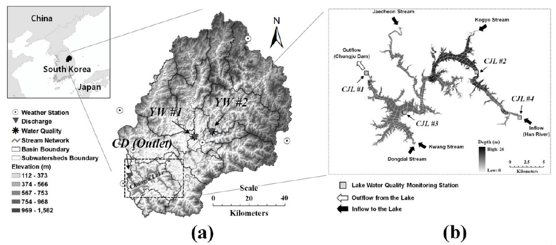 Location of Chungju Lake and Its Watershed: (a) Weather, Streamflow and Stream Water Quality Stations in the Watershed, and (b) Water Quality Monitoring Stations in the Lake, and Lake Segmentation for WASP Modeling