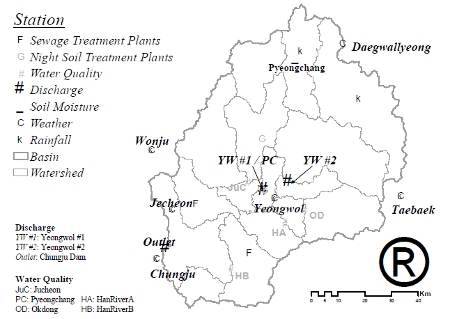 Location of gauging and weather station and point-source (environmental treatment facility) in study area