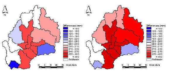 Change in annual precipitation in the period 2040s (left) and 2080s (right) under A1B emission scenario compared with 1990-2009