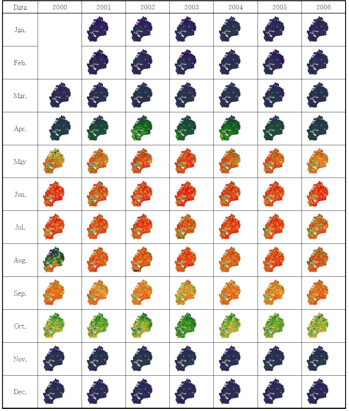 MODIS monthly LAI data from 2000 to 2006 in Chungjudam watershed