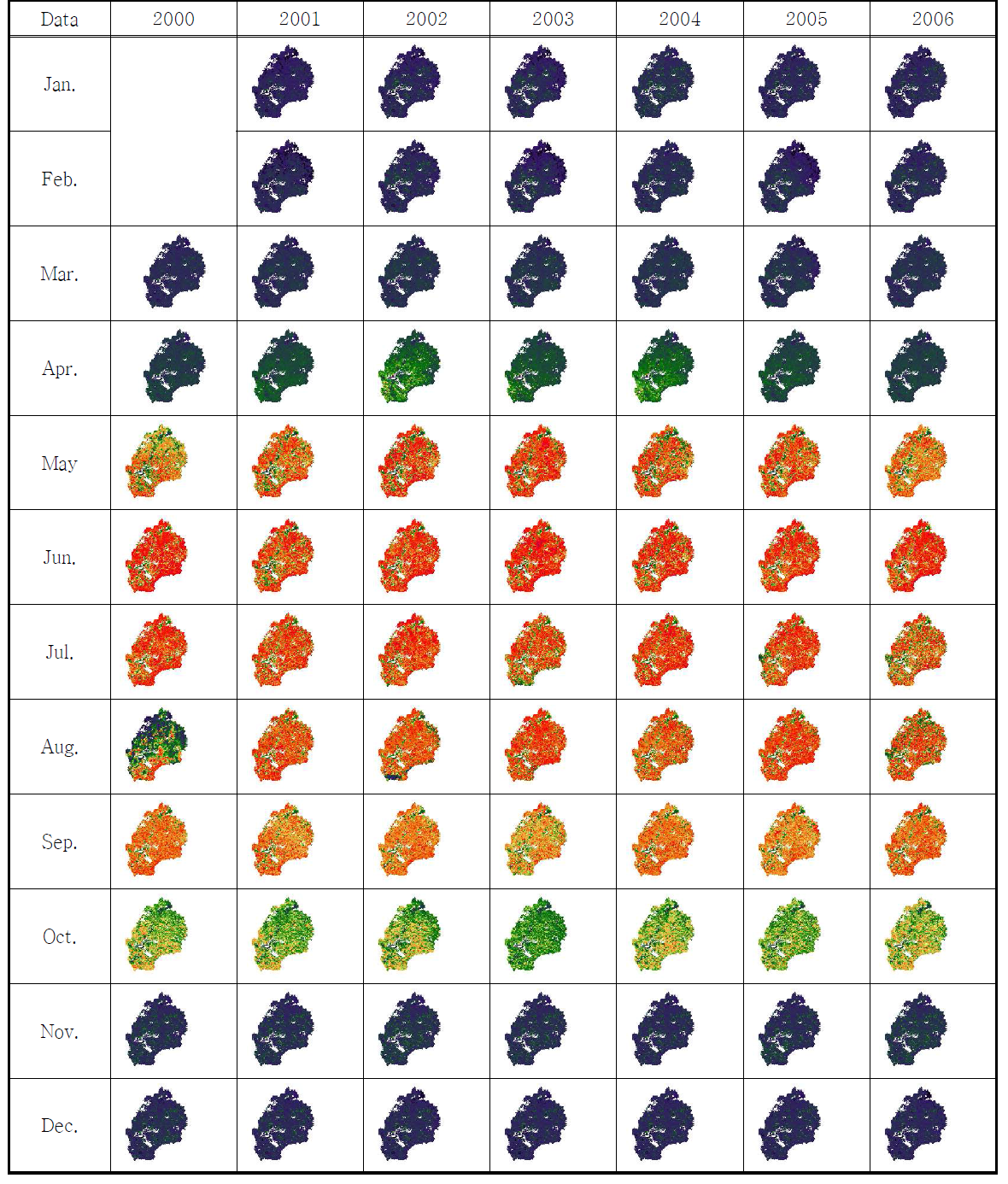 MODIS monthly LAI data from 2000 to 2006 in Chungjudam watershed