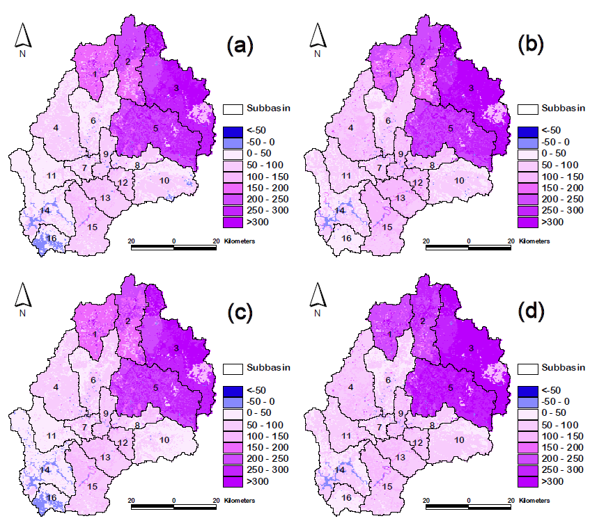 Change in annual groundwater flow in the period 2040s (a: A1B emission scenario, b: B1 emission scenario) and 2080s (c: A1B emission scenario, d: B1 emission scenario) compared with 1990-2009 (units: mm/year)