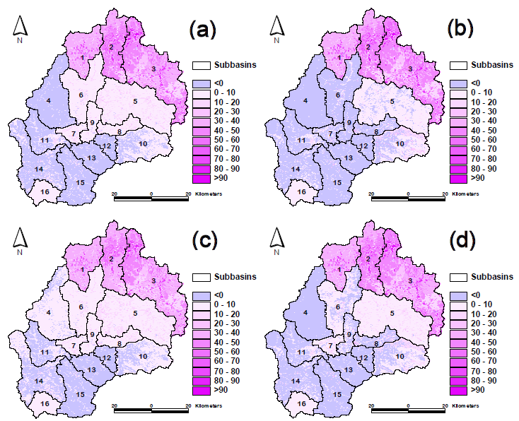 Change in annual soil moisture in the period 2040s (a: A1B emission scenario, b: B1 emission scenario) and 2080s (c: A1B emission scenario, d: B1 emission scenario) compared with 1990-2009 (units: mm/year)