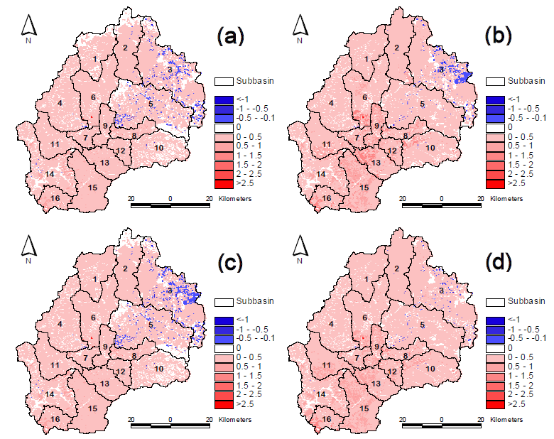 Change in annual sediment in the period 2040s (a: A1B emission scenario, b: B1 emission scenario) and 2080s (c: A1B emission scenario, d: B1 emission scenario) compared with 1990-2009 (units: ton/ha)