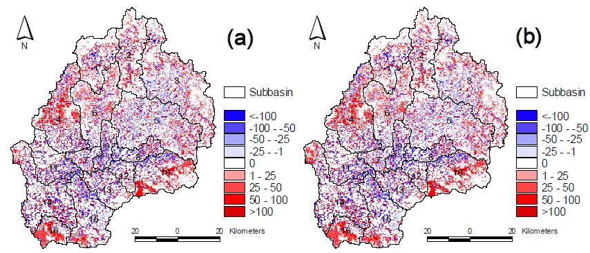 Change in annual evapotranspiration of landuse in 2040 (a) and 2080 (b) compared with 2000 (units: mm/year)