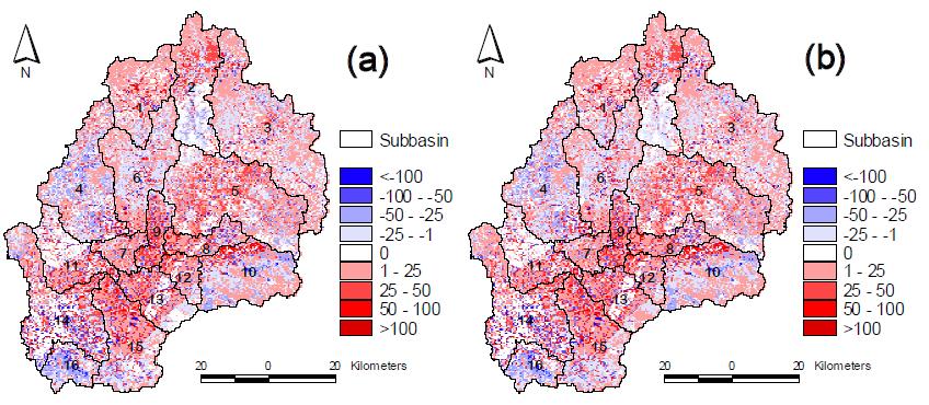 Change in annual groundwater flow of landuse in 2040 (a) and 2080 (b) compared with 2000 (units: mm/year)