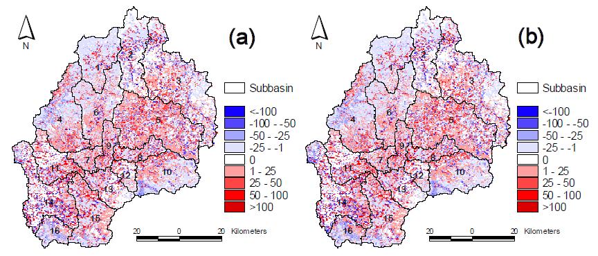 Change in annual water yield of landuse in 2040 (a) and 2080 (b) compared with 2000 (units: mm/year)