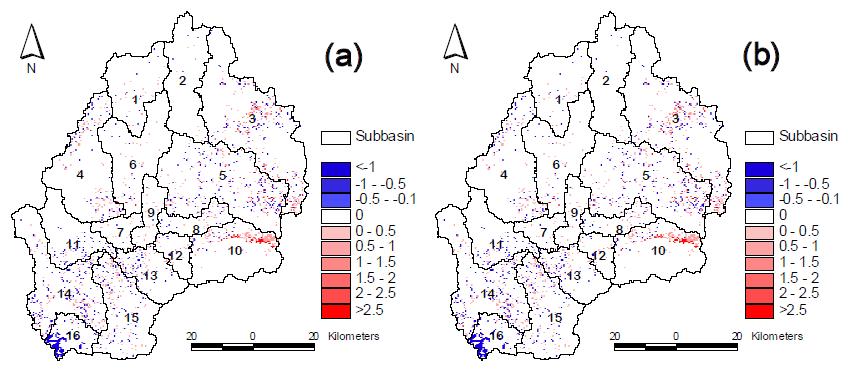 Change in annual sediment of landuse in 2040 (a) and 2080 (b) compared with 2000 (units: ton/ha)