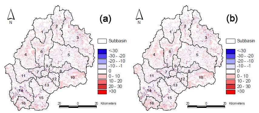 Change in average annual curve number (CN) of landuse in 2040 (a) and 2080 (b) compared with 2000 (units: mm/year)