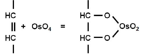 Osmium tetroxide complex reacted with C=C double bond in alkene chain.