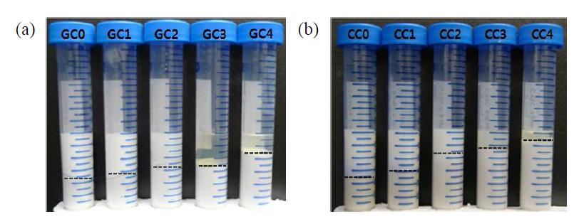 (a) Sedimentation of GCC-CMC and (b) clay-CMC coating colors.