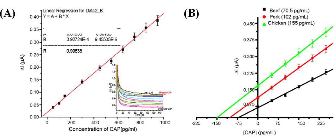 (A) CAP 검출 감응곡선. (B) 실제 시료의 표준 첨가 곡선.