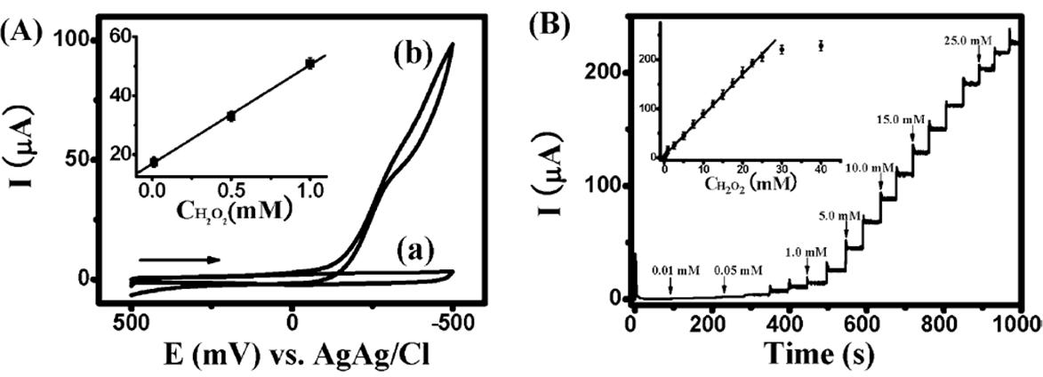 (A) (a) blank 용액 그리고 (b)는 H2O2 가 포함되어 있는 용액에서의 순환전압전류(CV) 곡선. (B) H2O2 농도 변화에 따른 감응 곡선.